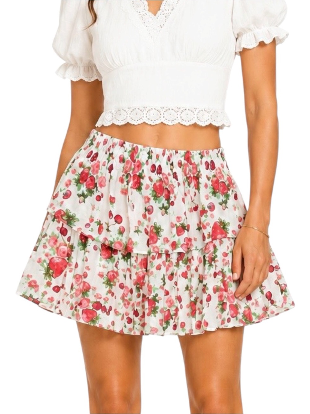 LOVESHACKFANCY Red Fruit & Pink Rose Garden Ruffle Mini Skirt US 00